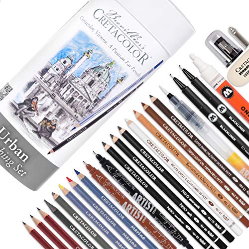 CRETACOLOR Urban Sketching Set, Set de Dibujo para Llevar, Robusta Lata de Metal, Diversos Materiales de Dibujo Incl. Goma de borrar y sacapuntas, Adecuado para Artistas y Aficionados