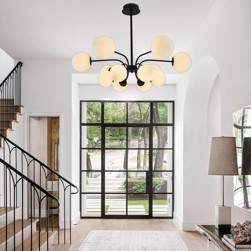 KXEcoLife Mid Century 12-Light Sputnik Pendant Chandelier - Modern Metal Globe Ceiling Fixture for Dining Room Kitchen Island Entryway Foyer Adjustable Height Lighting