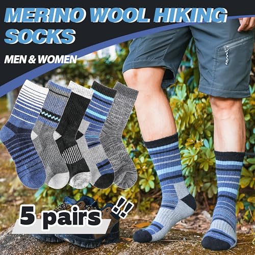 5 Pairs Merino Wool Hiking Socks Thermal Winter Warm Moisture Wicking Cushion Outdoor Socks for Women & Men3