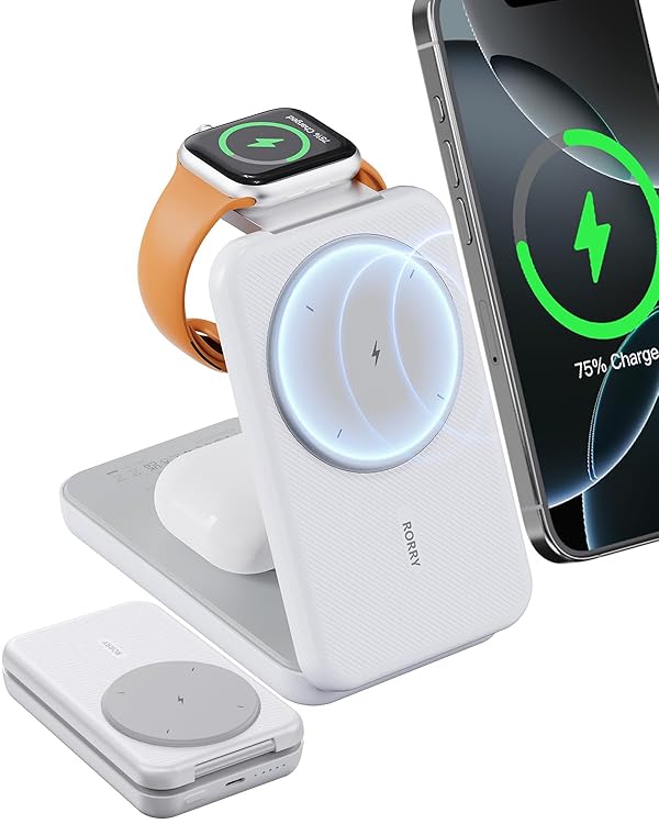 RORRY Portable Charger, 3-in-1 Charging Station 10000mAh Portable Charger Power Bank for MagSafe Foldable Battery Pack Travel for iPhone 17/16/15/14/13/12, for Apple Watch 11/10/9/8/7/Ultra/3/2, White by RORRY - Used condition - US$39.08