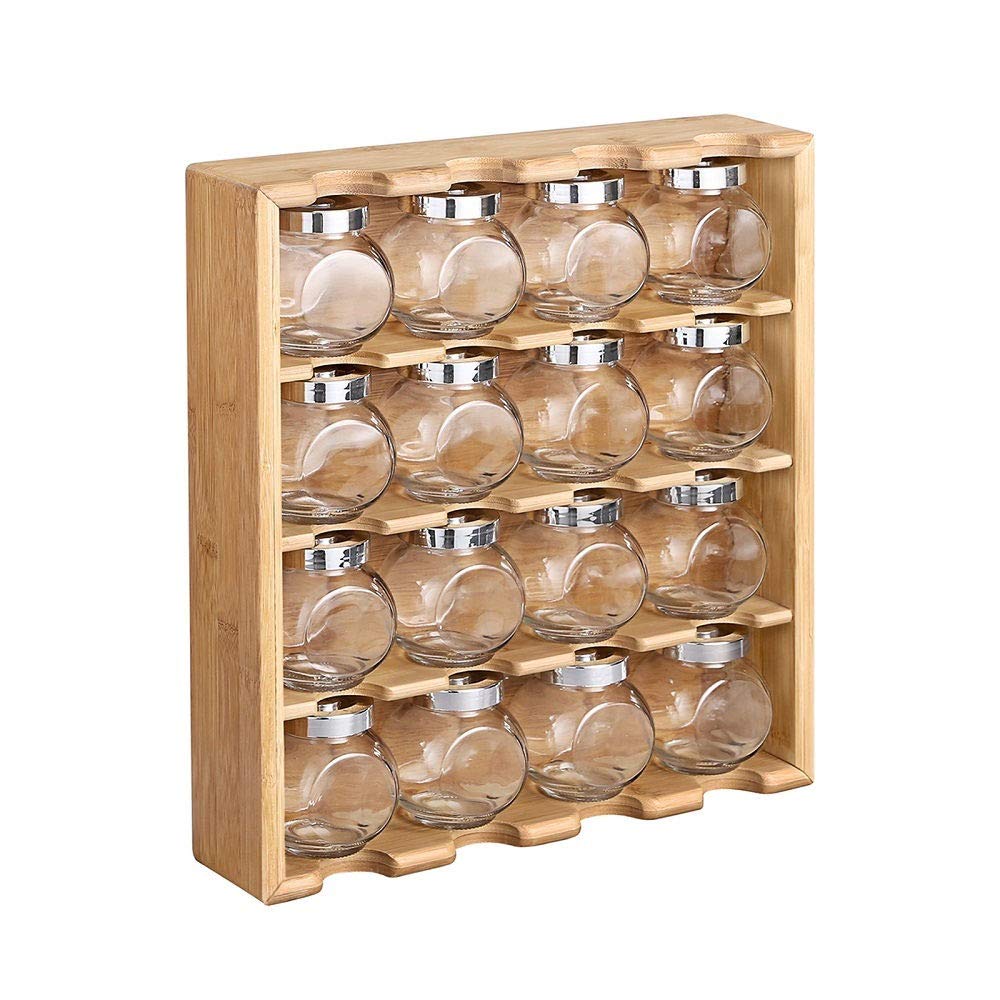 Decopatent Kräuterregal mit 16 Kräutertöpfen aus Glas - Küchenregal/Gewürzregal aus Bambusholz - Küchenorganisierer mit 4 Böden - hängend und stehend verwendbar