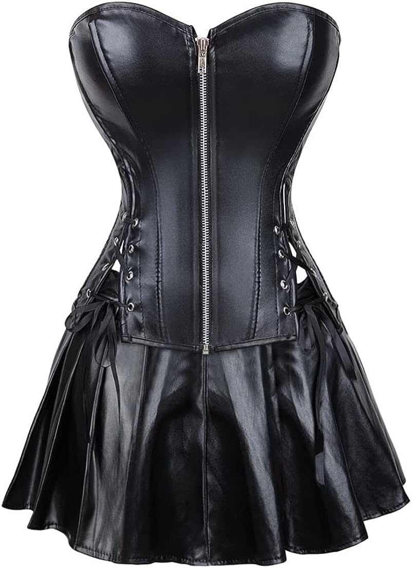DKCHENH Women's Punk Rock Faux Leather Steampunk Corset gothic bustier skirt set costume