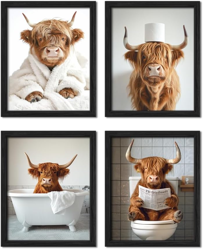 Funny Highland Cow Bathroom Wall Art Decor,Brown Highland Cow In Bathtub And Toilet