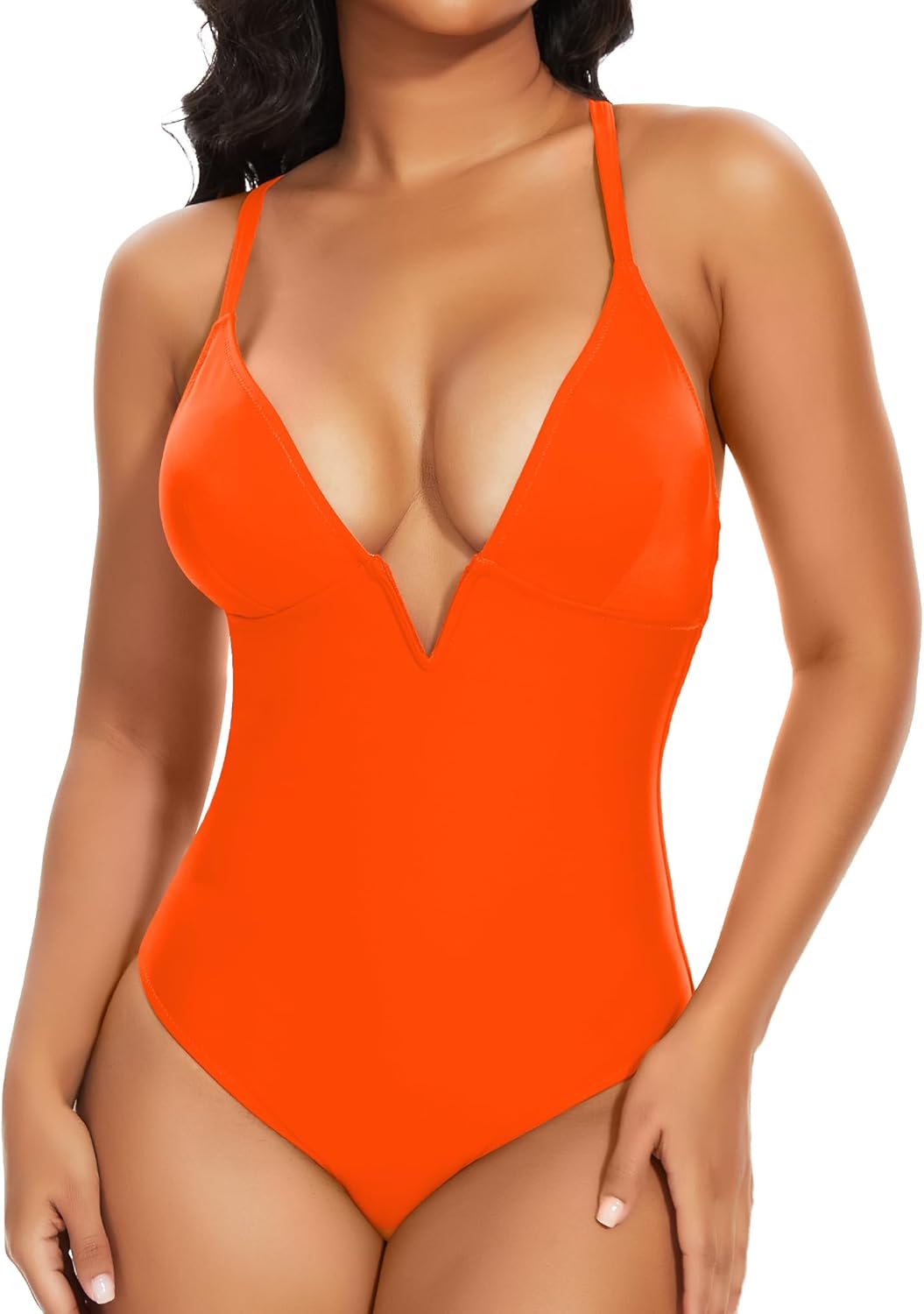 SHAPERIN Women's One Piece Swimsuit Deep V Neck Bathing Suits Tummy Control Push Up Padded Swimwear