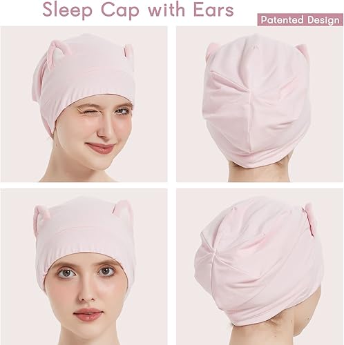 Miniatura 2 de Hat Hut Gorro de satén de seda para el cabello, gorro de dormir para cabello rizado, gorro ajustable con forro de seda con orejas