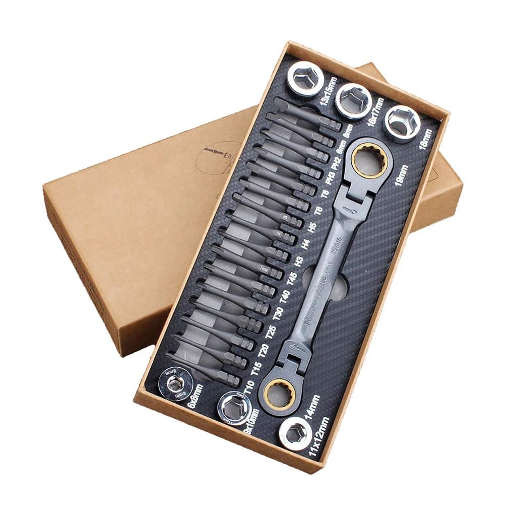 23pcs Multifunctional Ratchet Spanner Set Flexible Head Ratchet Double Box Wrench Socket Screwdriver Bits Auto Repairing Tool Leunlee OneColor