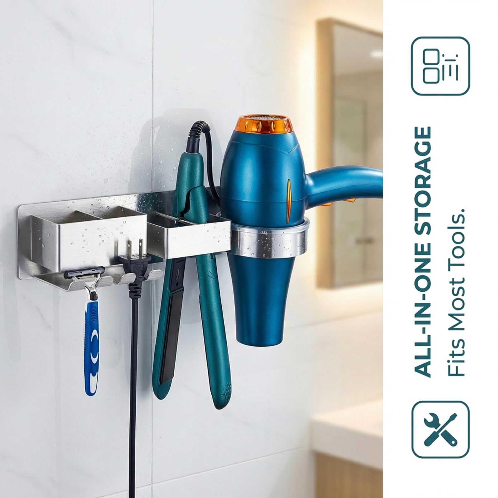Porta Phon e Piastra Porta Asciugacapelli Autoadesivo con Scomparti Porta Phon da Parete Porta Piastra per Capelli in Spaziale Alluminio Supporto per Asciugacapelli e Piastra lisciante, Argento