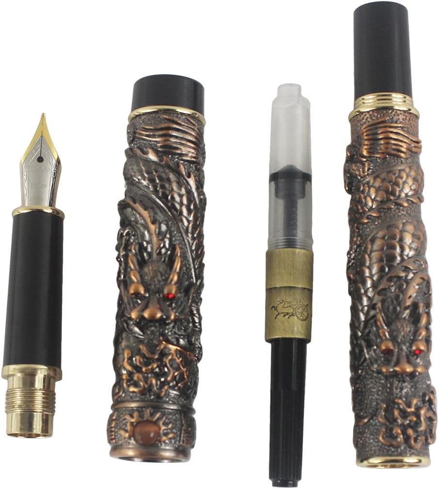 Slim Double Dragon 3D Carved Fountain Pen, Red Copper