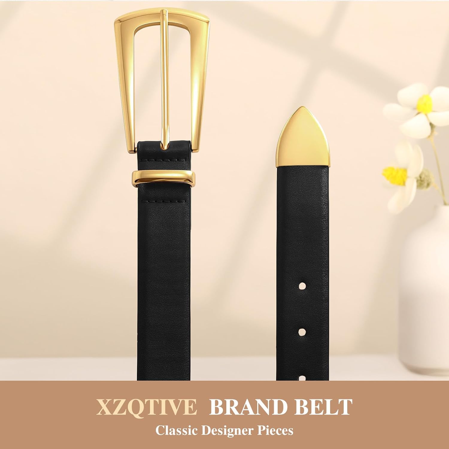 XZQTIVE Women PU Leather Belt Gold Buckle Waist Belt for Jeans Pants Dress