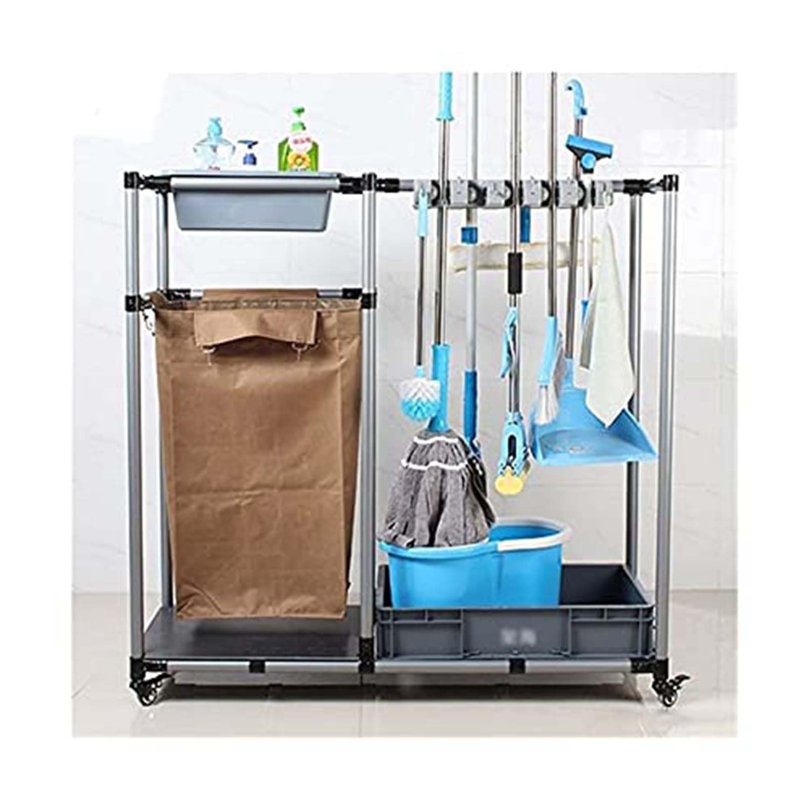 THEGA Floor Standing Cleaning Tool Cart With Broom And Mop Holder - Space-Saving Storage Rack, For Wet Mops In Home, School, And Garden Use