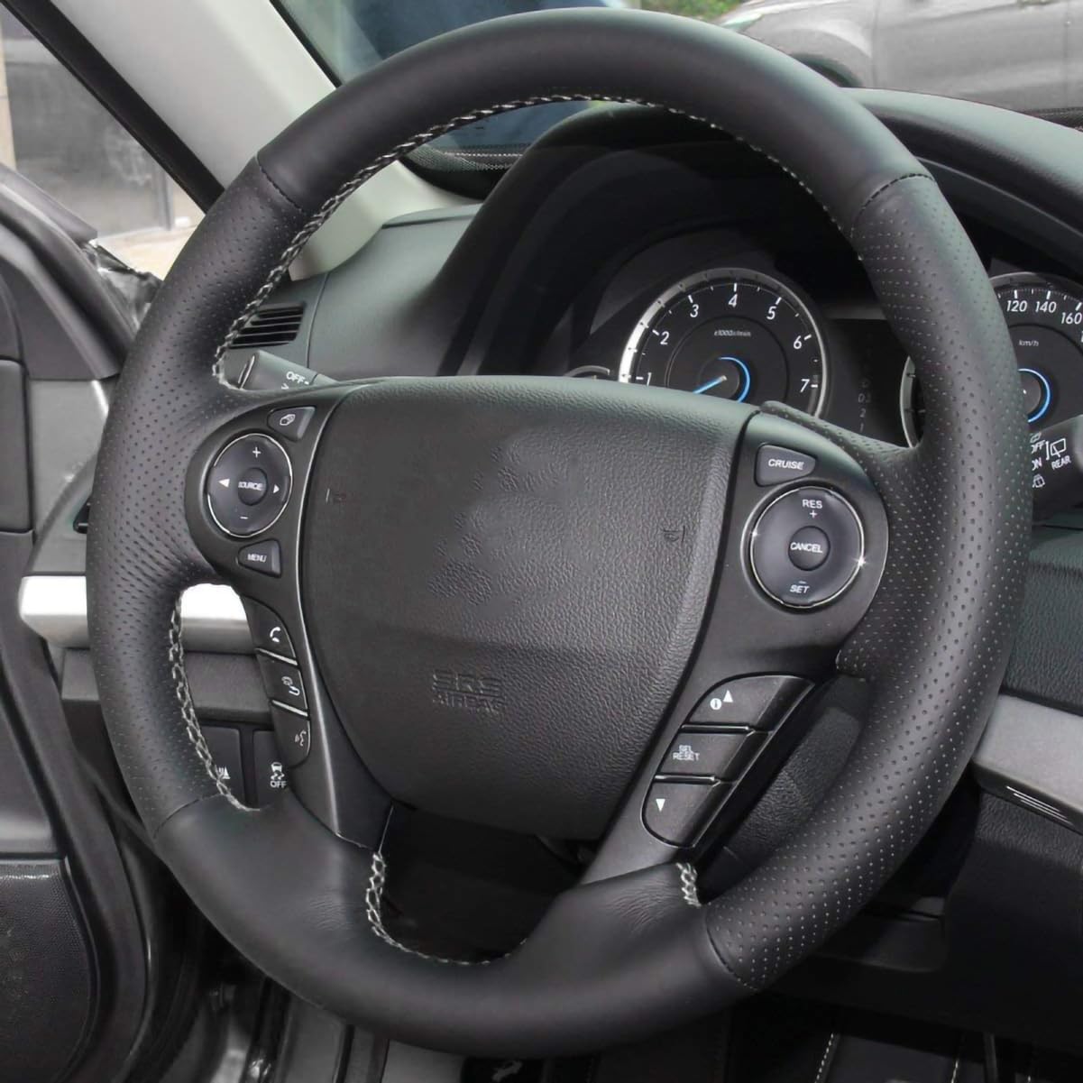 JI Loncky Black Genuine Leather Auto Custom Steering Wheel Covers for Honda Accord 9 Sport Touring EX-L 2013 2014 2015 2016 2017 / Honda Crosstour EX-L 2013 2014 2015 Accessories