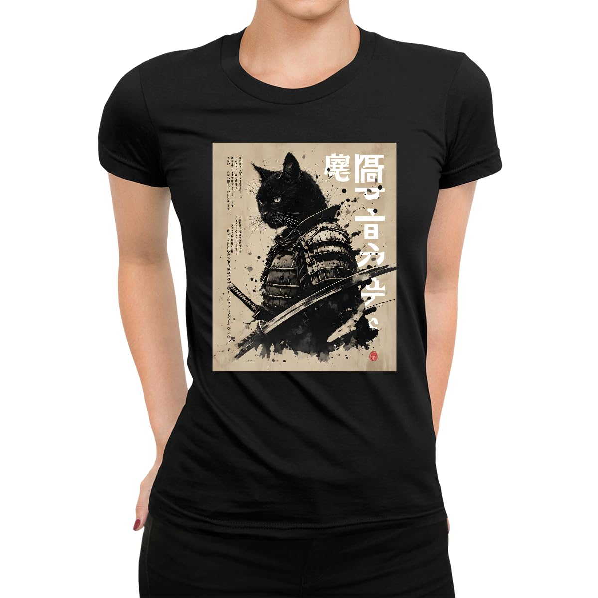 Unibly Women's Black Samurai Cat Warrior Japanese Ukiyo-E Artwork T-Shirt, S
