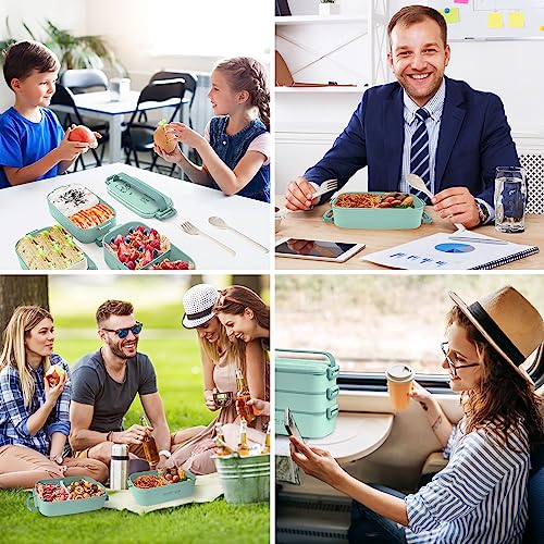 Image of 2700ml 3 Layer Bento Box with Fork & Spoon, 4-in-1 Lunch Box for Adults, Meal Prep Container Food Storage Box for Men Women Student School Office, Microwave Dishwasher Safe Available (Lake-Blue)