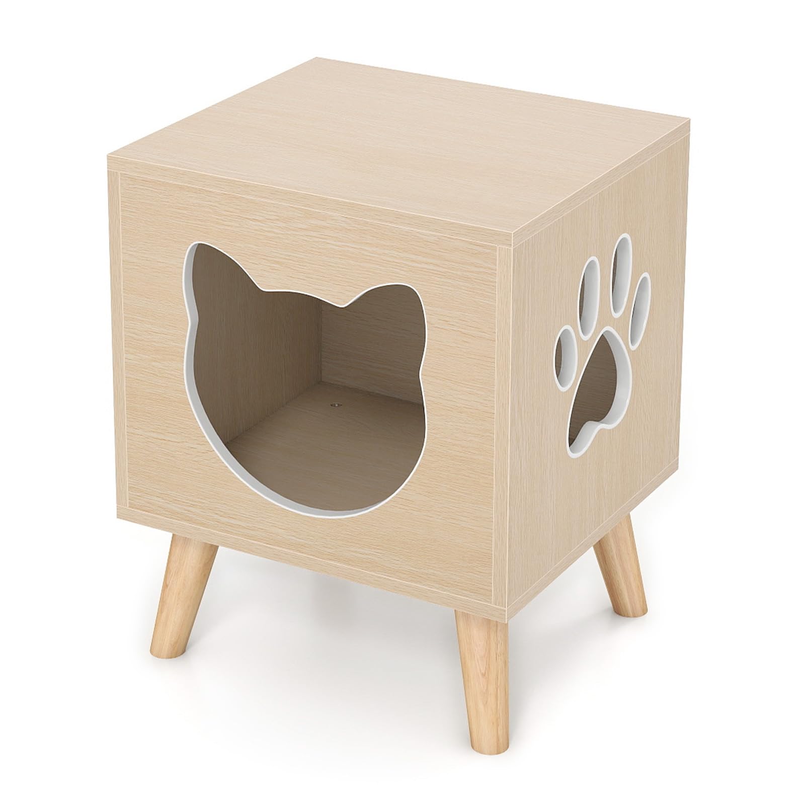 GYMAX Cat House, Kitty Condo Furniture with Detachable Top, Hole, Window and Rubber Wood Legs, Indoor Cat Litter Box Enclosure Kitten Washroom for Living Room Bedroom