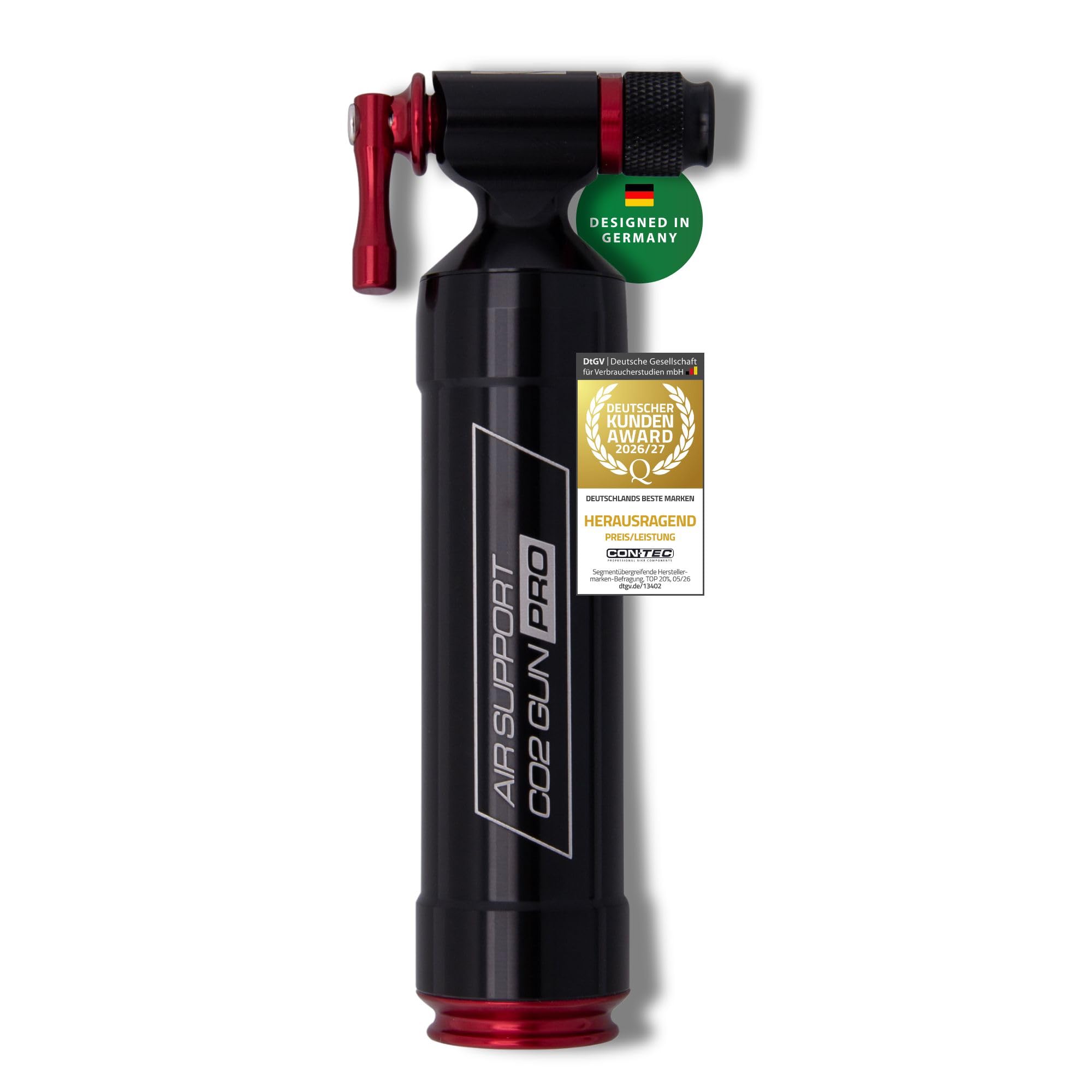 CONTEC CO2-Kartuschenpumpe Air Support CO2 Gun, 8,3 bar, 120 psi, passend für AV/SV, Luftpumpe für Fahrräder, Aluminium, MTB Zubehör, Fahrrad Gadget