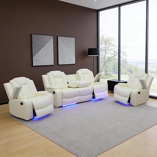 Miniatura 39 de Juego de sofá reclinable eléctrico para sala de estar, juego de sofá reclinable de cuero con luces LED, puertos USB, almacenamiento oculto, juego de