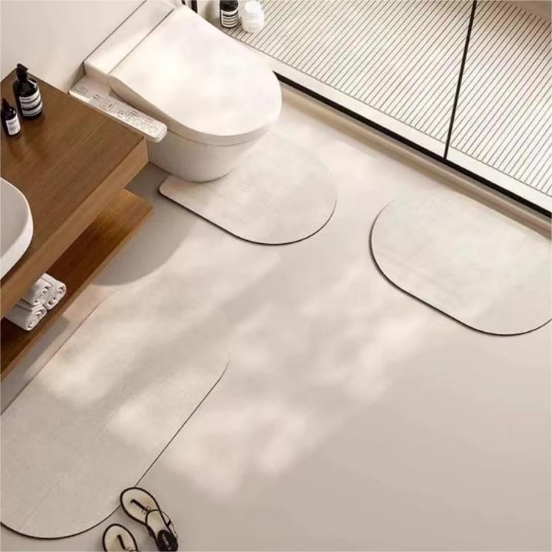 Lukery Tappeti Bagno 3 Pezzi (Crema,60x90+80x120+50x55cm) | Tappetino in Diatomite Assorbente tappeto bagno Tappetino per WC forma di U, Asciugatura Rapida Antiscivolo