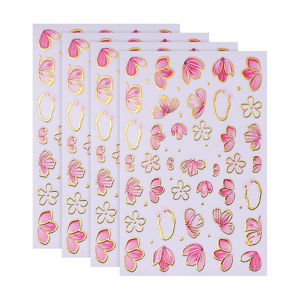 HugeDE 4 Sheets Spring Blossom Flowers Nail Stickers Glitter Self Adhesive Nail Flowers Stickers Mini Decorative Nails Decals Manicure Decorations Sticker with Golden Edge