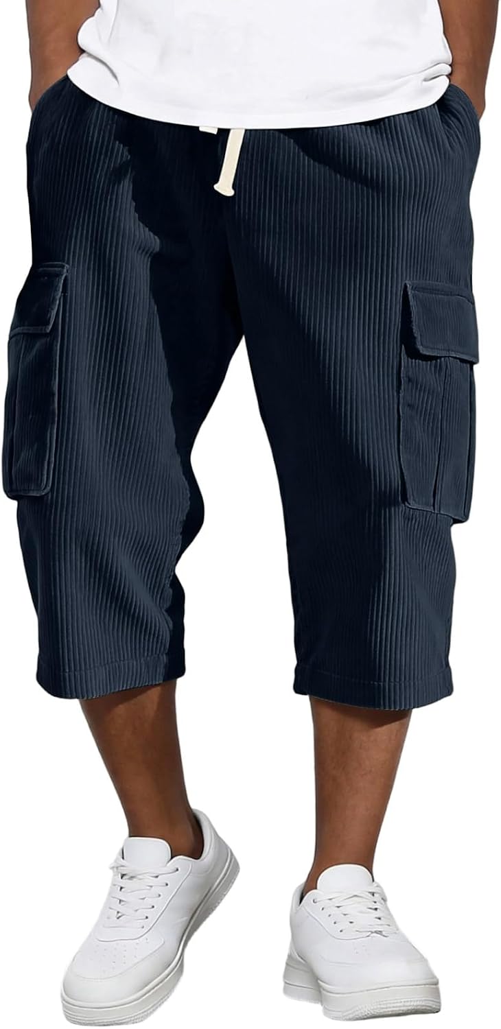 XIAXOGOOL Below The Knee Shorts for Men Corduroy Long Cargo Shorts Casual 3/4 Length Sweat Capris with Pockets