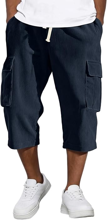 Cargo Shorts for Men 3/4 Corduroy Casual Capri Cargo Pants Relaxed Fit Elastic Waist Drawstring Shorts with Pockets