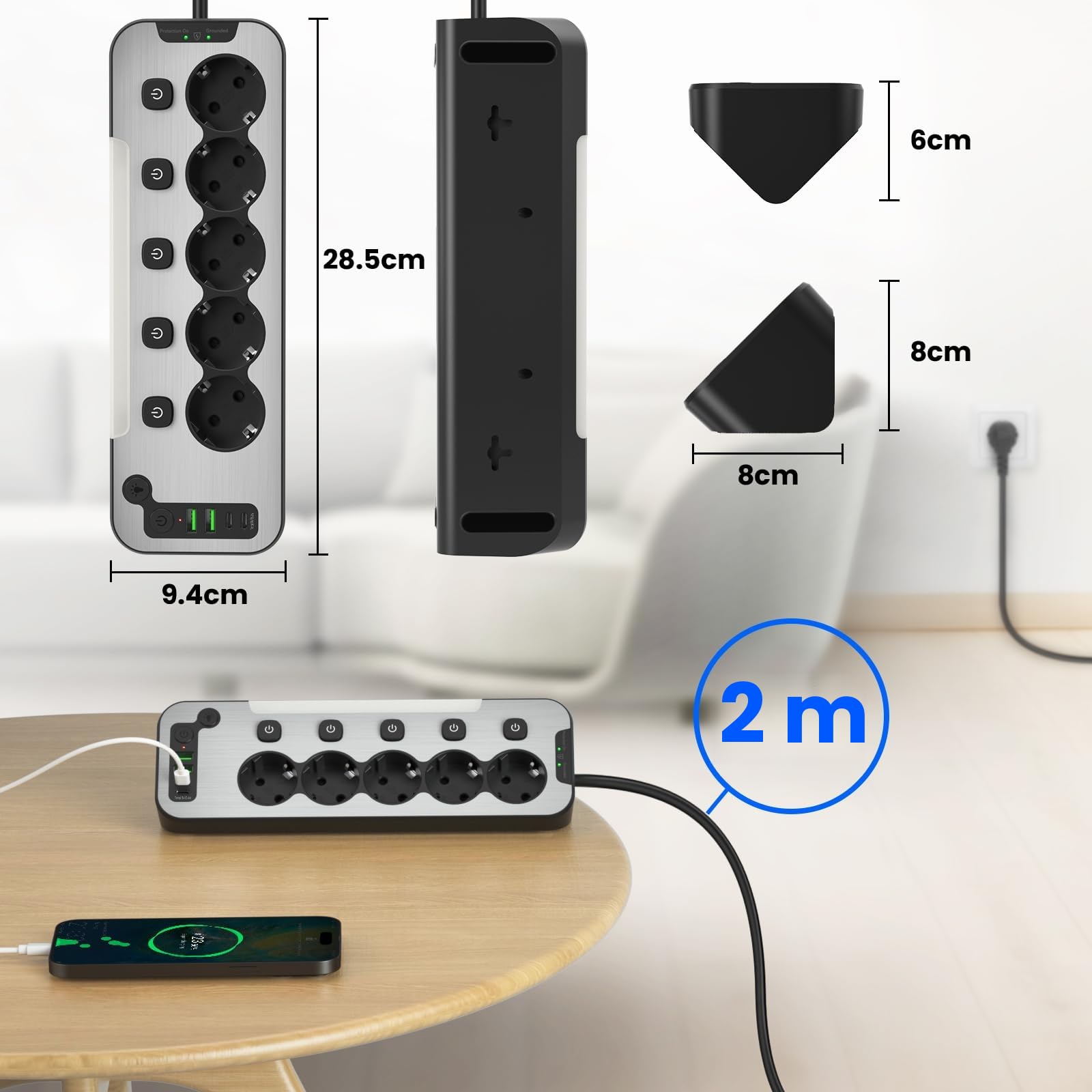 Regleta Enchufes Esquina con USB C,5 Tomas Enchufe Multiple Proteccion Sobretension,Ladron Interruptore Individuale,Regleta Escritorio Panel Frontal de Metal Encimera Cocina Alargador 2M Cable,Negro