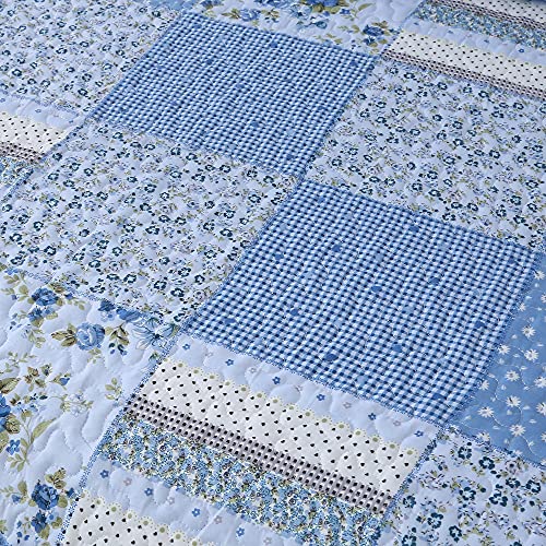 Blue Patchwork Quilt Set Full Queen Size Reversible Floral Quilted Bedspread Coverlet Set 3-Piece Lightweight Stitched Comforter Bedding Set Bed Sheet Cover Blanket With 2 Pillow Shams For All Season #TOP5