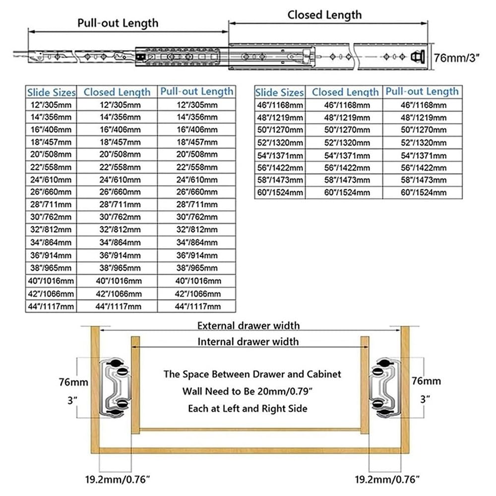 Guide Per Cassetti Montaggio Laterale Con Serratura, Guide Per Cassetti Pesanti 300-1500mm, Guida Telescopica Per Cassetti Largo 76mm, Carico 200kg(300mm(12in))