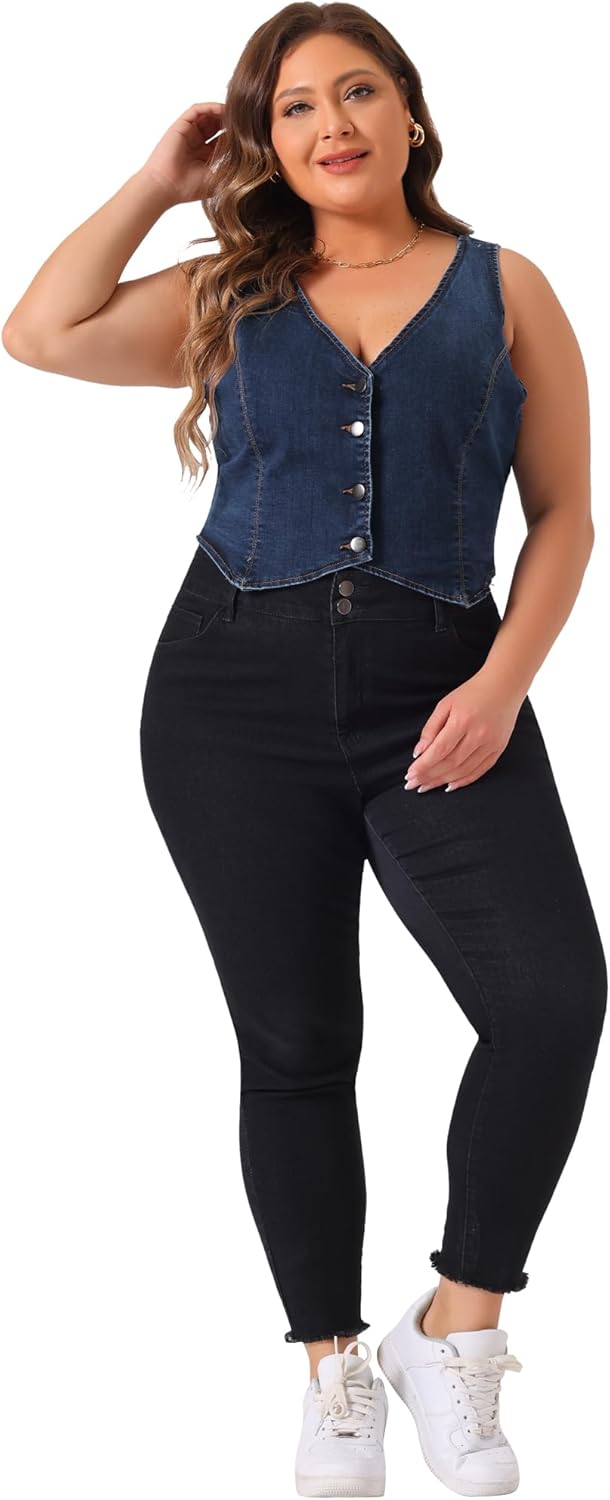 Agnes Orinda Plus Size Denim Vest for Women Sleeveless V Neck Button Down Casual Jean Waistcoat Jacket - Image 3