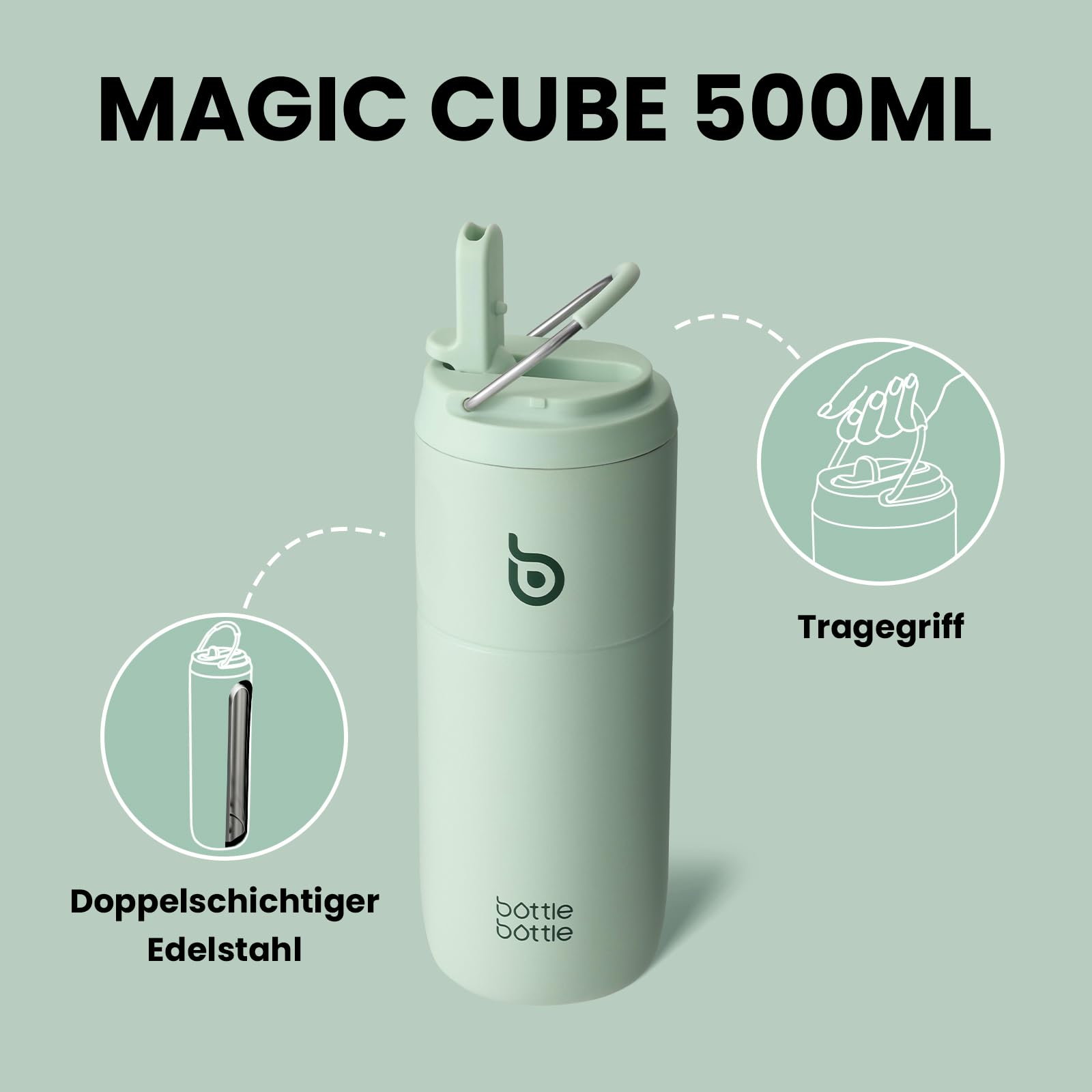 bottlebottle Borraccia in acciaio inox con cannuccia, 500 ml, a prova di perdite, ideale per scuola, ufficio, escursioni e gite, senza BPA (verde)