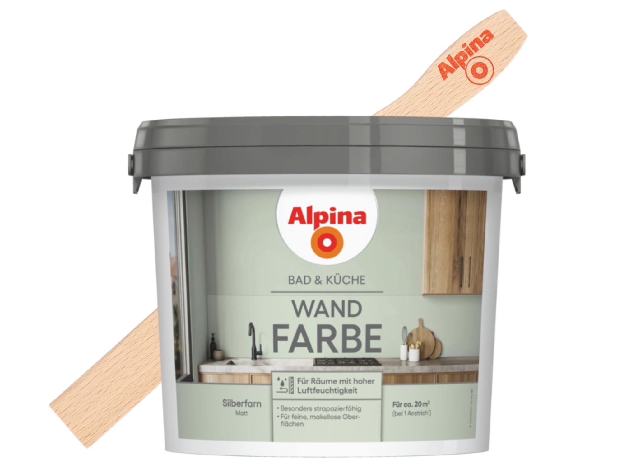 Alpina Bad & Küche Wand-Farbe Silberfarn 2,5 Liter mit gratis Rührholz