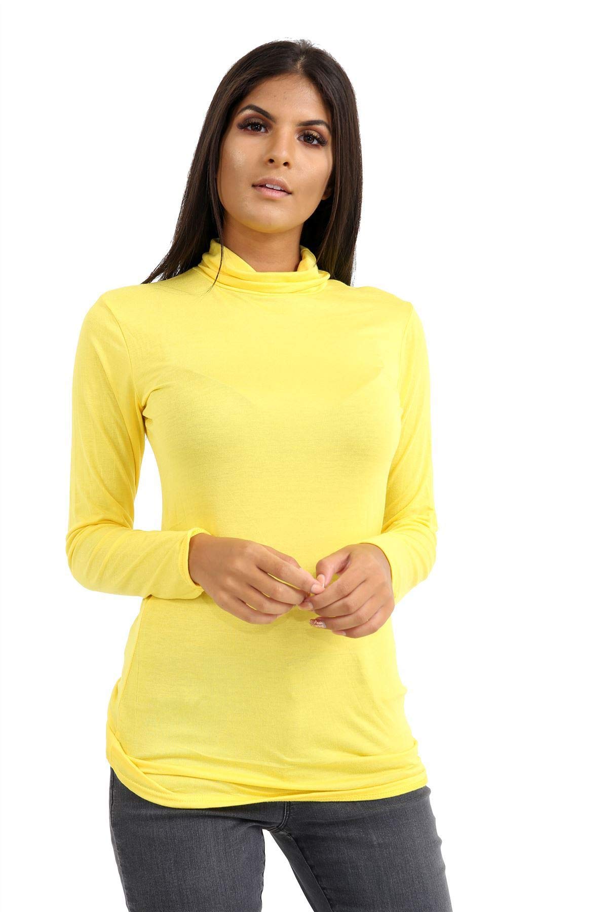 Janisramone Women's Yellow Long Sleeve Turtle Polo Neck T-Shirt Slim Fit Jersey Casual Basic Plain Tee Vest Top
