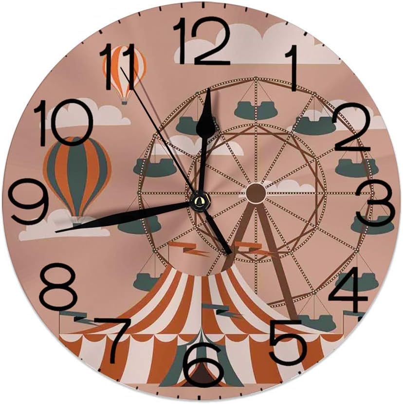 Amazon Co Jp 丸い壁時計の家の装飾 観覧車飛行熱気球空雲楽しい休日のテーマのイラストのリビング寝室 ホーム キッチン