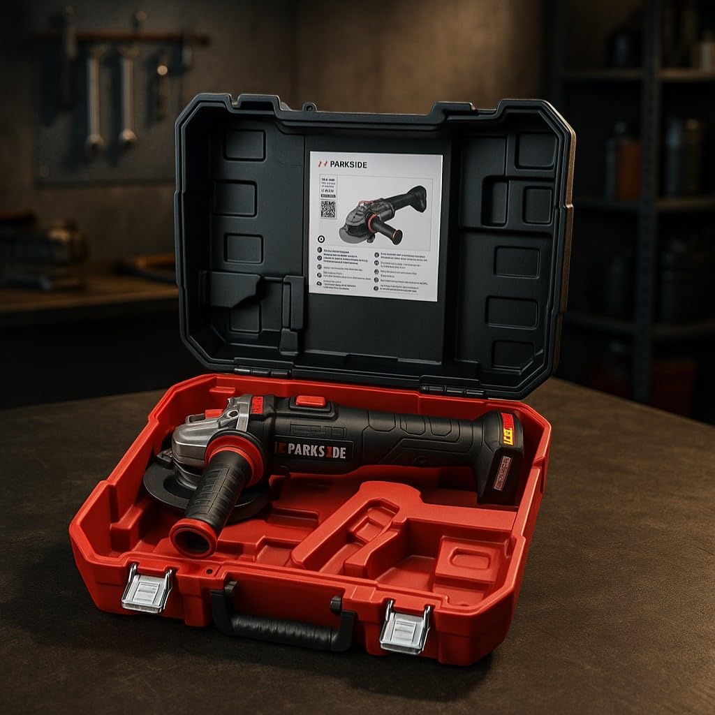 Parkside - Smerigliatrice angolare senza fili, Parkside Performance X20V PWSAP 20, senza spazzole/brushless, senza batteria, senza caricabatterie, con valigetta per il trasporto