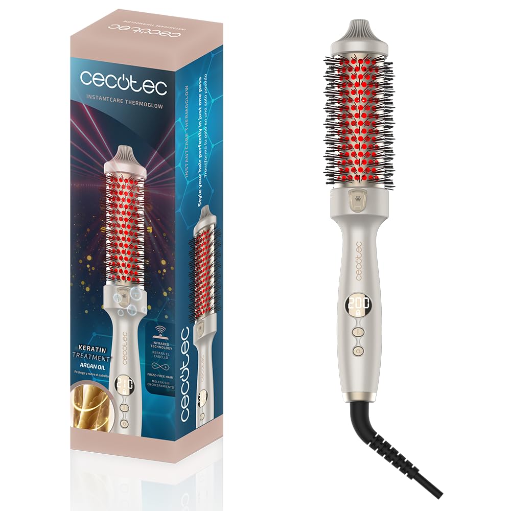 Cecotec Cepillo Térmico Alisador y Moldeador de Puntas con Infrarrojos y Tecnología Iónica InstantCare ThermoGlow. 70W, 5 Temperaturas, 38mm, Función Memoria, Pantalla, Apagado Automático