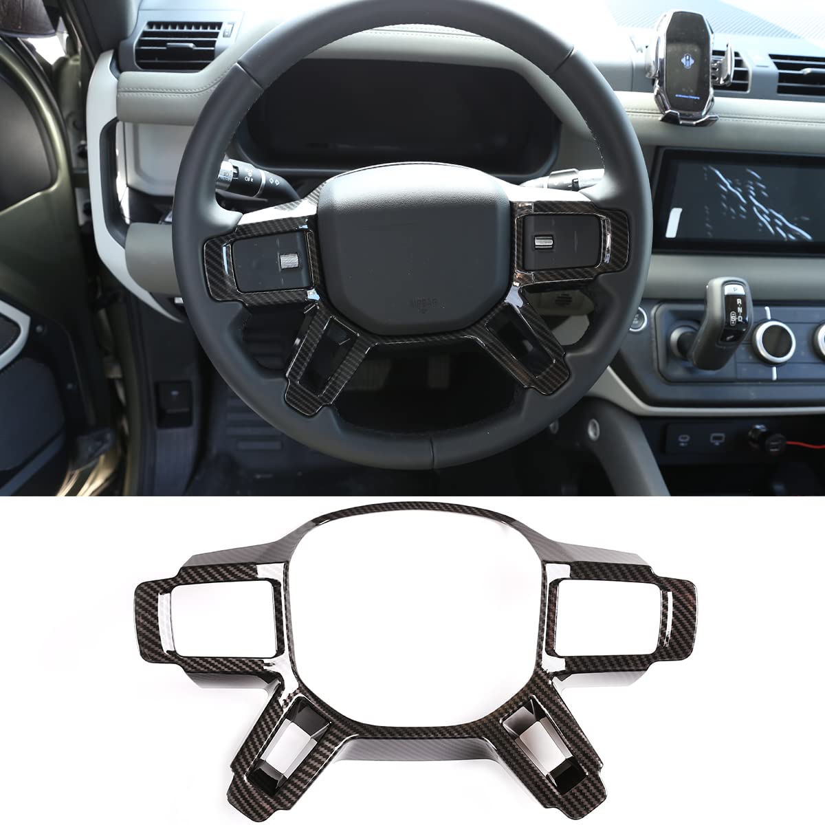 PIUGILH Interior Decoration Cover Compatible with Land Rover Defender 2020-2023, Steering Wheel Decoration Cover Trim（Carbon Fiber）