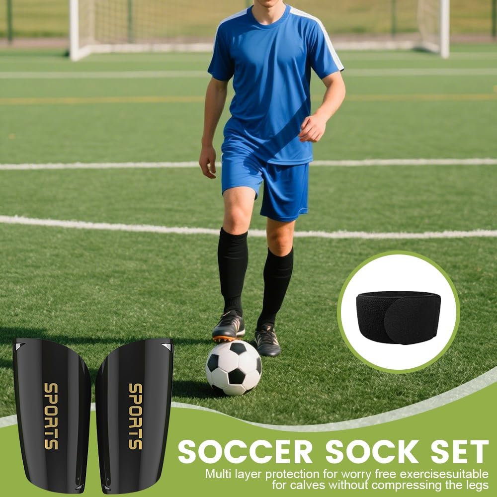 Grip Soccer Socks Set, 2 Pairs Football Socks and Soccer Sleeve Socks, 1 Pair Shin Guards with 4 Pcs Straps (Black) - Image 2