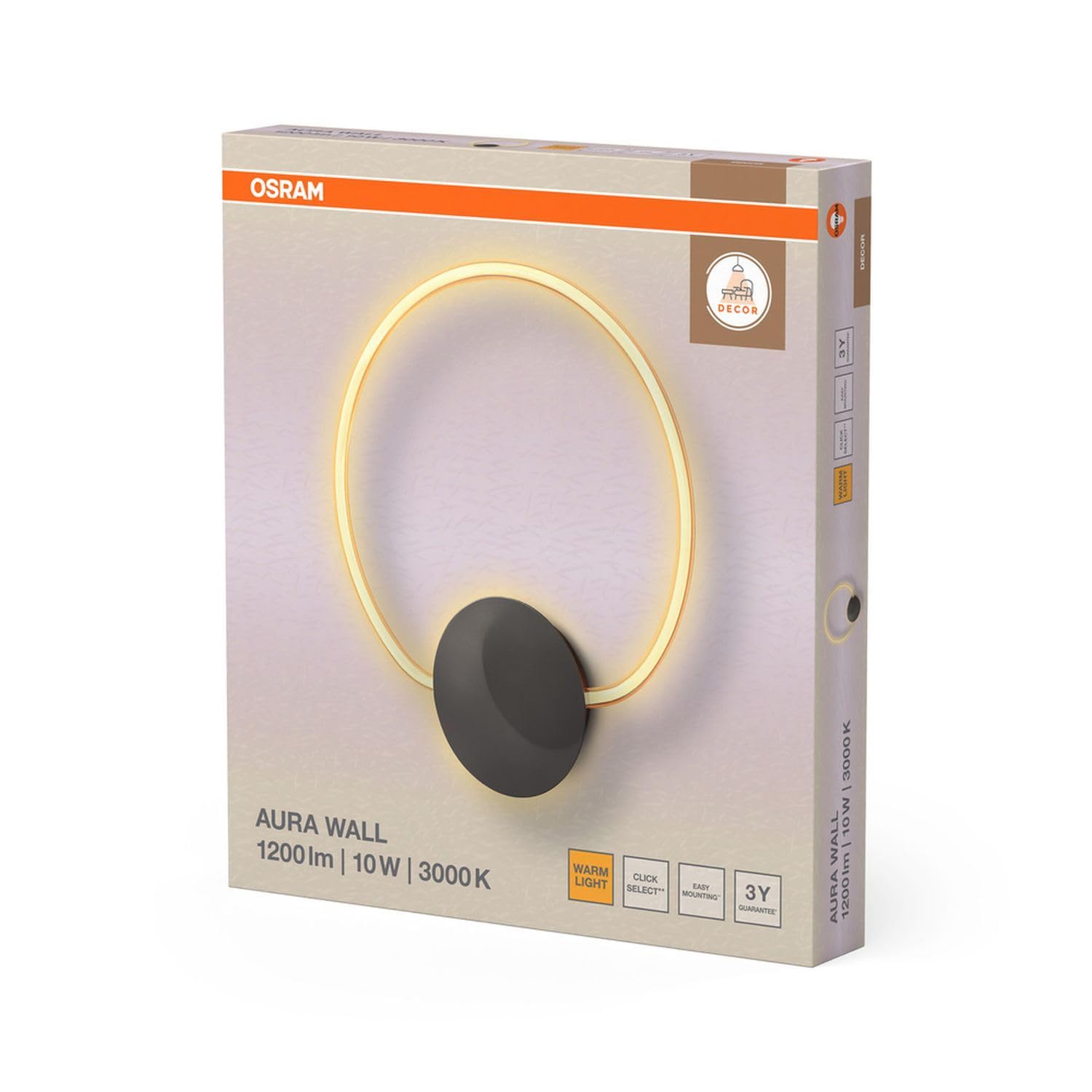 Osram Decor Aura - Lampada da parete in policarbonato curvo con LED e filamento, 10 W, 800 lm, 3000 K, 830 bianco caldo, Click Select, grigio scuro, plastica (PC), IP20