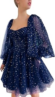 Sparkle Starry Tulle Homecoming Dress for Teens Puffy Sleeve Prom Dress Formal Evening Gowns with Pockets