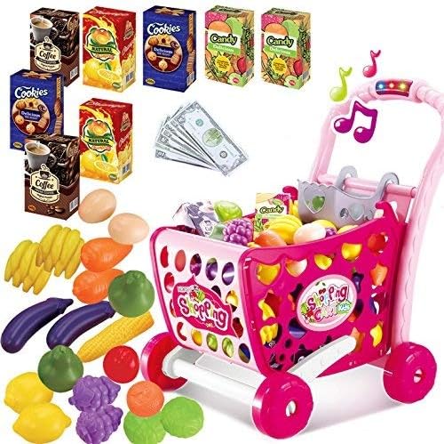 Toys N Smile 3 in1 Kids Supermarket Shopping Cart Hand Induction with Light & Sound Pretend Play Toy for Kid with Fruits and Vegetable-Plastic,Pink(Pack of 29 Pcs)