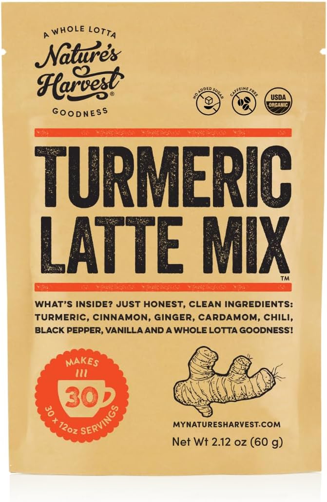 Nature's Harvest - Turmeric Latte Mix, Add on Golden Milk Tea, Smoothies and Other Drinks, Turmeric Spice Blend, Caffeine-Free Coffee Alternative, 2.12 oz Pack, 30 Servings