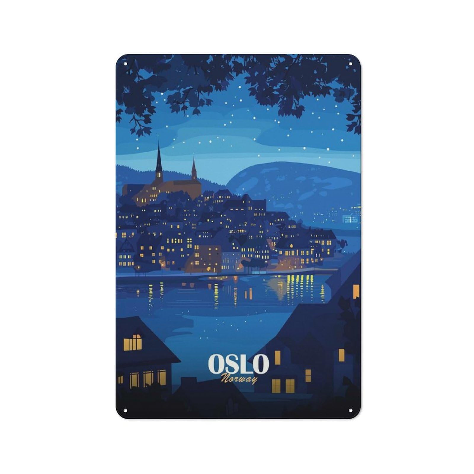 Junmoney Style-1 Oslo, Norway Night Cityscape Illustration Garden Room Metal Sign 30X20cm, Vintage Shed Wall Decor For Conservatory, Home Bar Or Utility Room