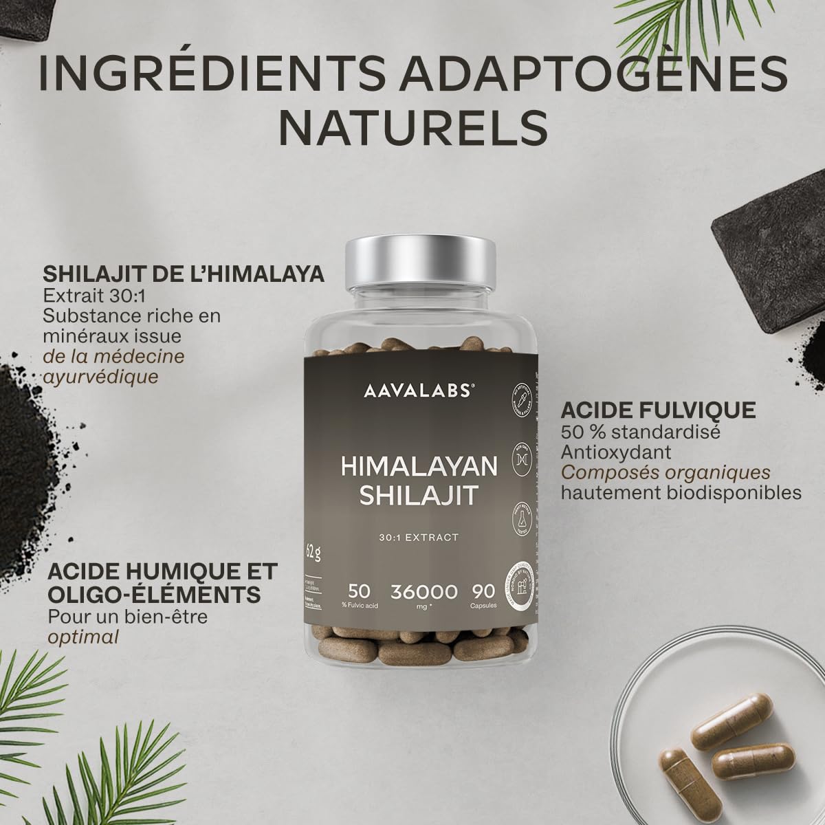 Shilajit Pure Himalaya 36000mg Extrait 30:1 | 50% Acide Fulviques Qualité Premium - Shilajite Energie et Immunité 100% Végétalien, Pur, Sans Additifs - 90 Pure Himalayan Shilajit Gélules