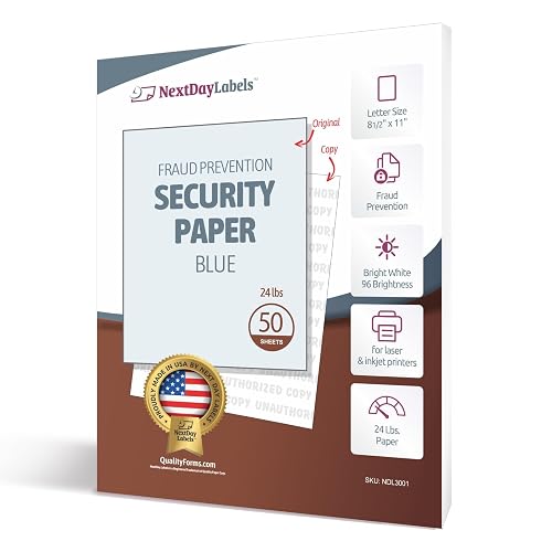 NextDayLabels Unauthorized Watermark Blue Security Paper - Pack of 50 | 8.5 x 11" 24# lb Multi-Purpose for Copy Fraud Prevention, Laser & Inkjet Printer Compatible - Made in USA