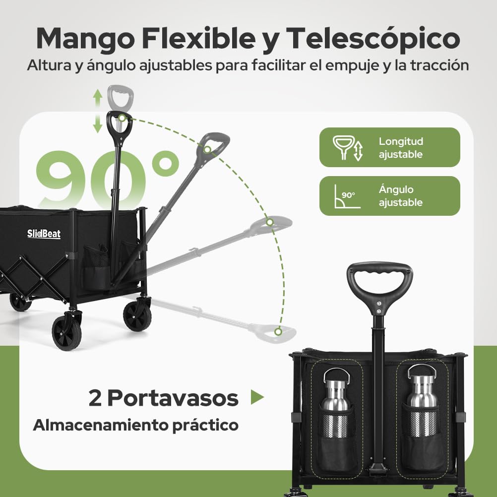 SLIDBEAT 120KG Carro Plegable, Montaje Rápido, Carrito Transporte con 4 Ruedas Todo Terreno 360° Desmontables, Mango Ajustable, para Supermercado Jardín Festivales Playa y Herramientas
