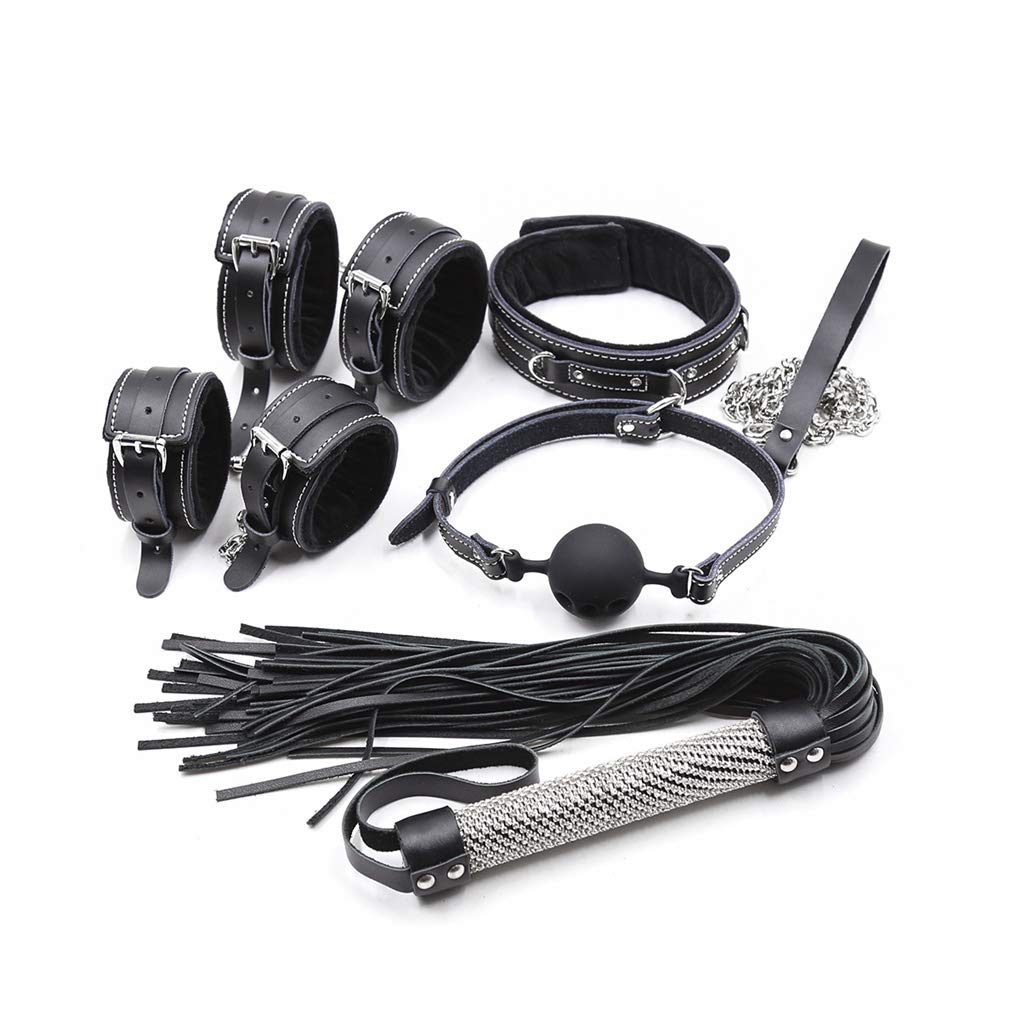 Kit de bondage Collier SM Sex Menottes en cuir véritable Fouet avec Ball Gag Adulte Bondage Harnais érotique pour débutants femmes hommes Noir (Lot de 5)
