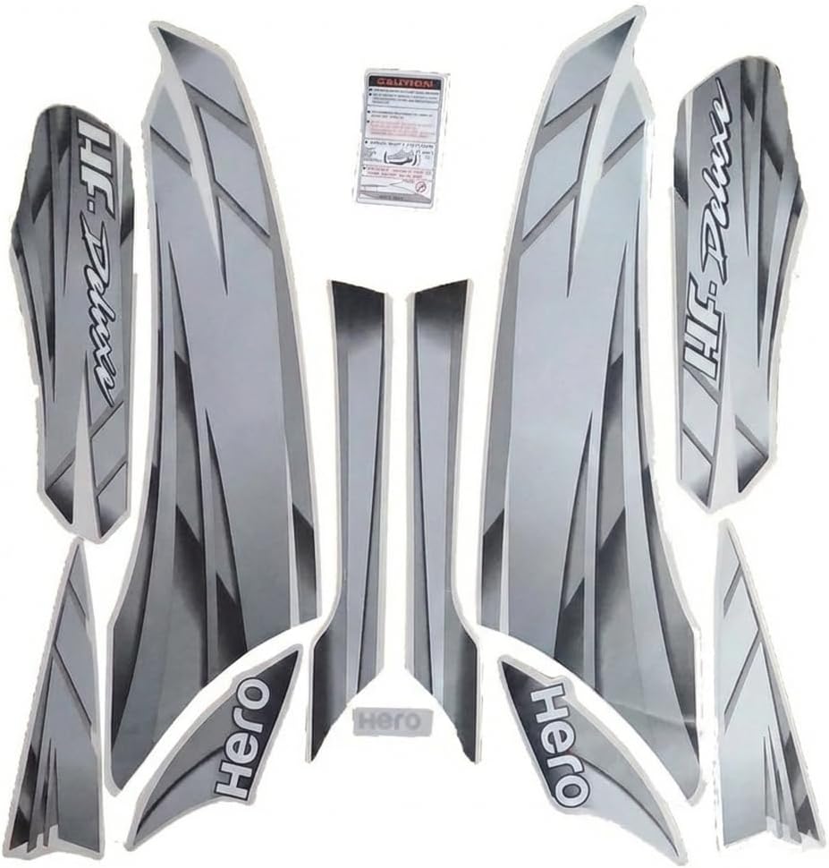 Complete Bike Sticker Kit for Hero HF Deluxe, Red and Silver Graphics Decal Set (Grey)