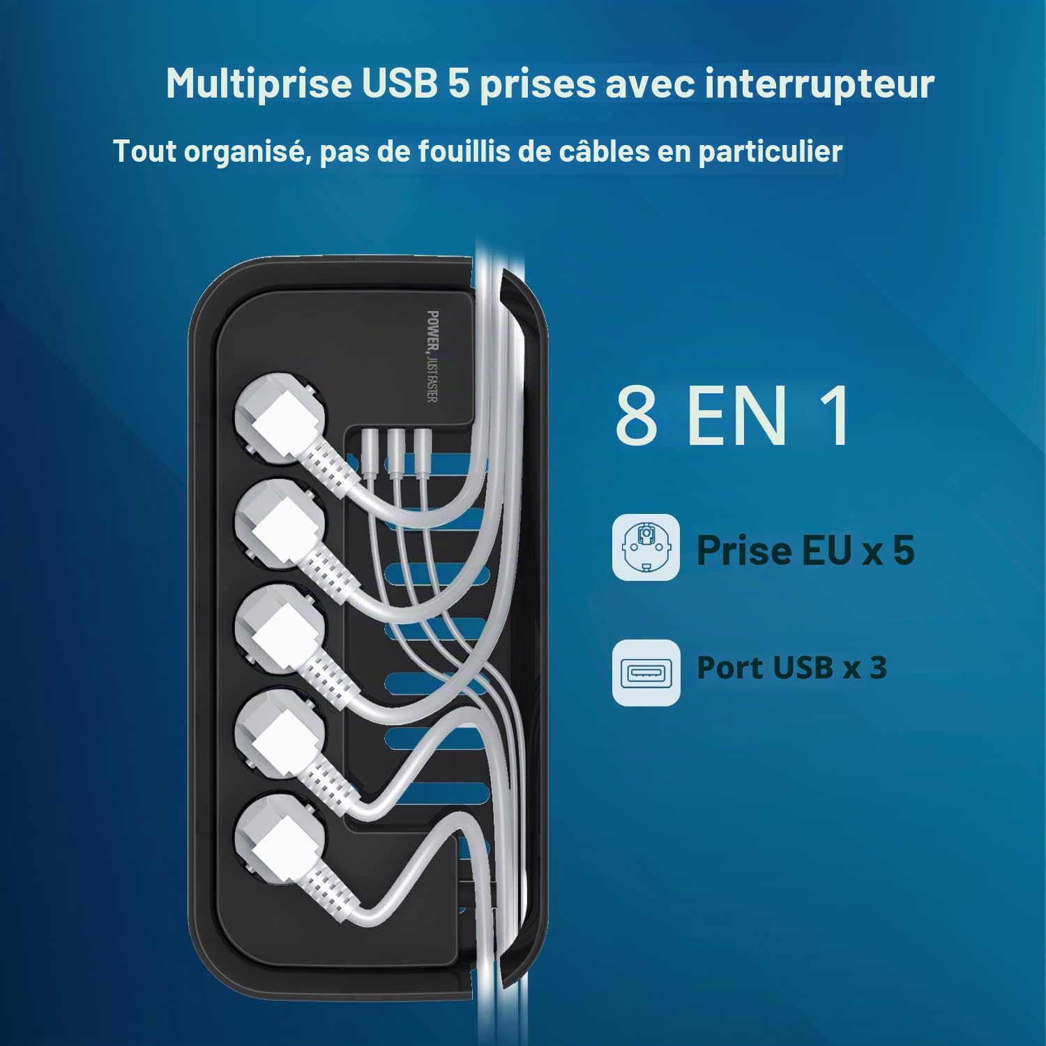Boîte de Rangement avec Bloc Multiprise Electrique, Multiprise 5 Prises avec 3 USB, Multiprise avec Interrupteur 3m Câble, Adaptateur de Boîte de Rangement, 29,5 * 14 * 14CM, Noir