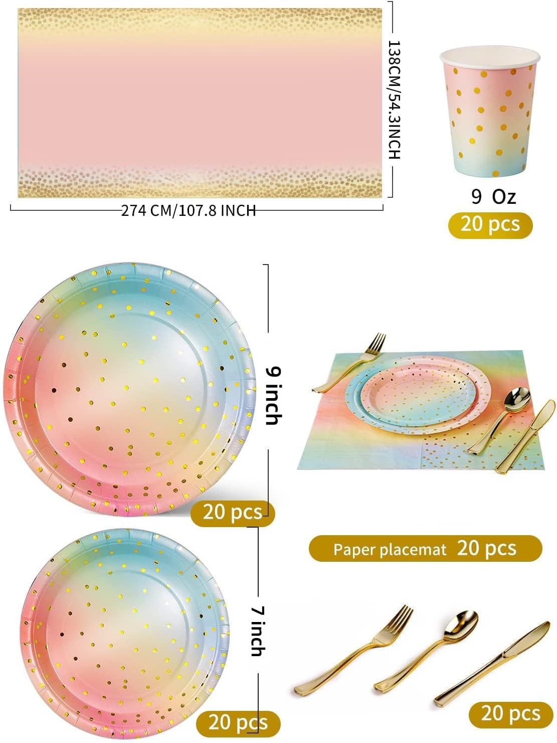 141 Pieces Rainbow Gold Party Supplies, Party Dinnerware Sets Include Paper Plates Napkins Cups Silverware, for Wedding Bridal Shower Engagement Birthday Parties Decoration -20 Serves - Image 3