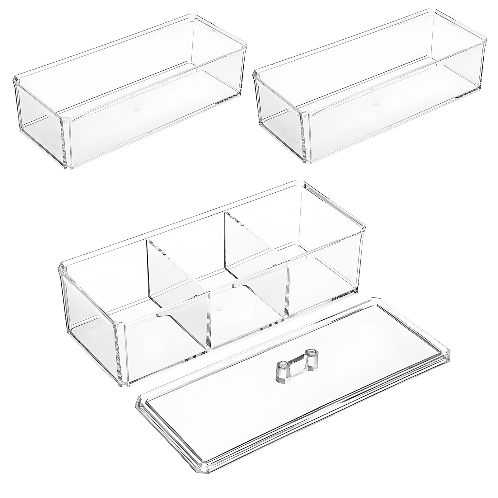 RETON Acrylic Bathroom 3 Compartment Q-tip Holder Dispenser with Lid, Plastic Clear Makeup Organizer with 3 Drawers for Girls, Waterproof Cotton Ball Swab Holder for Cosmetic Hair Tie Lipstick Brush