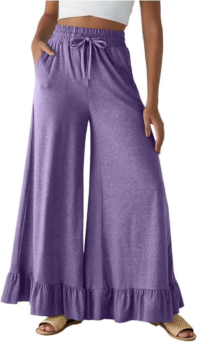 Womens Casual Palazzo Pants Ruffle Hem Wide Leg Trousers Drawstring High Waist Baggy Loose Fit Lounge Pants Pockets